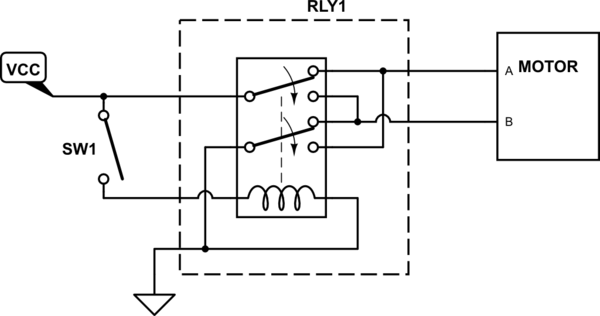 Motor reversal circuit using one DPDT relay.